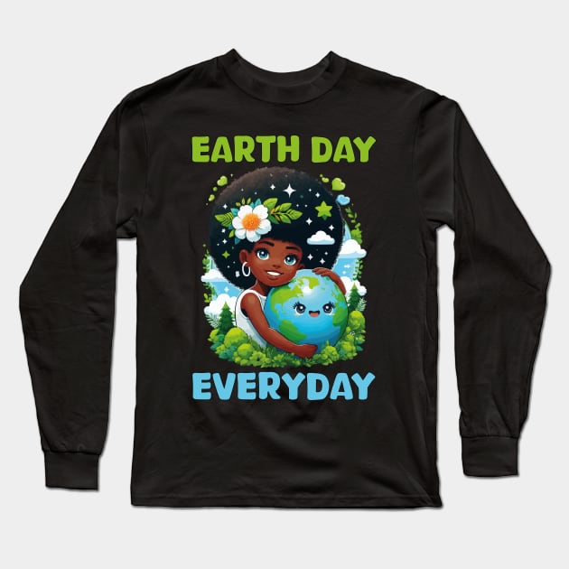 Earth Day Everyday Cute Afro Hair Girl Earth Day 2024 Funny Long Sleeve T-Shirt by JUST PINK